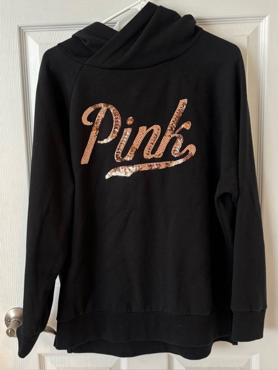 PINK Victoria's Secret Tops - PINK Victoria's Secret Oversized Black Hoodie with Rose Gold‎ Sequin Logo